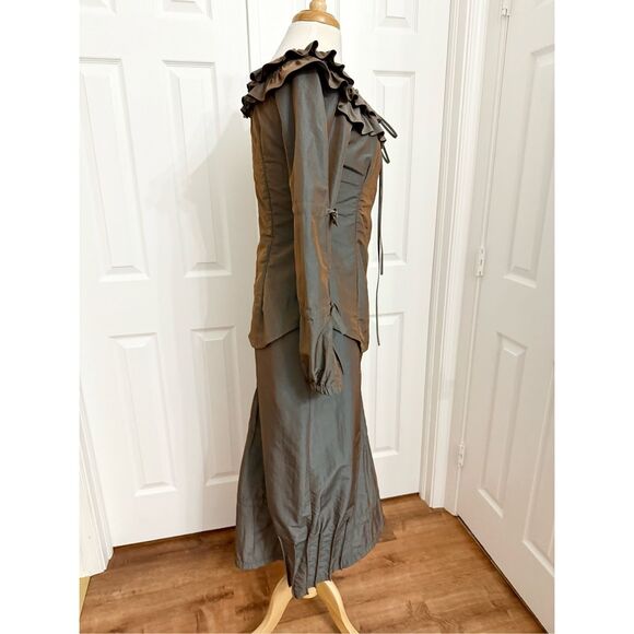 Lauren Vidal Drawstring Tie Ruffle Long Sleeve Midi Blouse Skirt Set Art to Wear - Picture 3 of 11